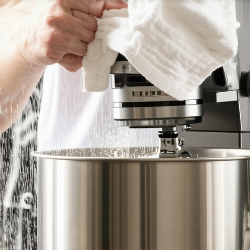 A baker gently adding flour to a stand mixer with a towel covering the bowl, demonstrating a neat baking process.