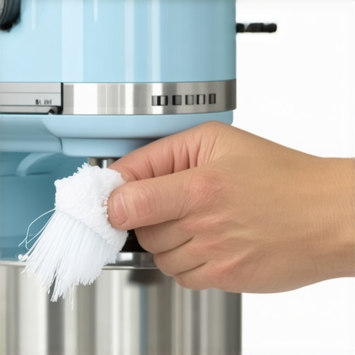 Person using a brush and compressed air to clean a stand mixer’s gear housing and crevices