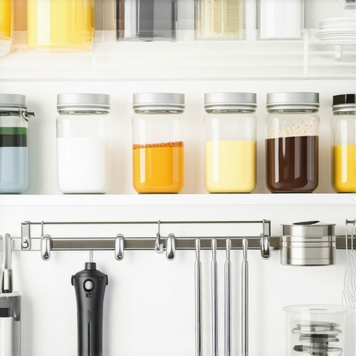 Kitchen organized with labeled containers, racks, and hooks for gadgets and attachments
