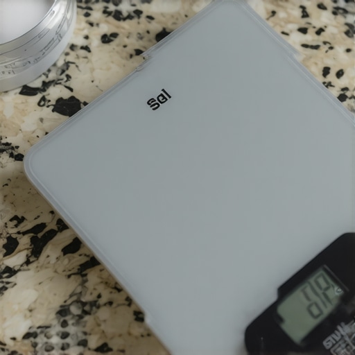 A digital kitchen scale on a level granite countertop with a bubble level checking flatness.