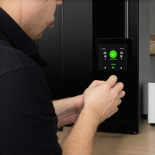 Technician examining a smart kitchen appliance's internal Wi-Fi component.