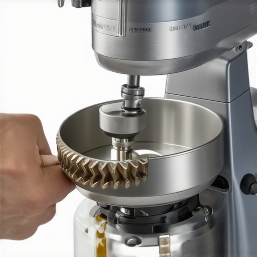 A hand applying lubricant to the internal gears of a stand mixer to reduce squealing noise.