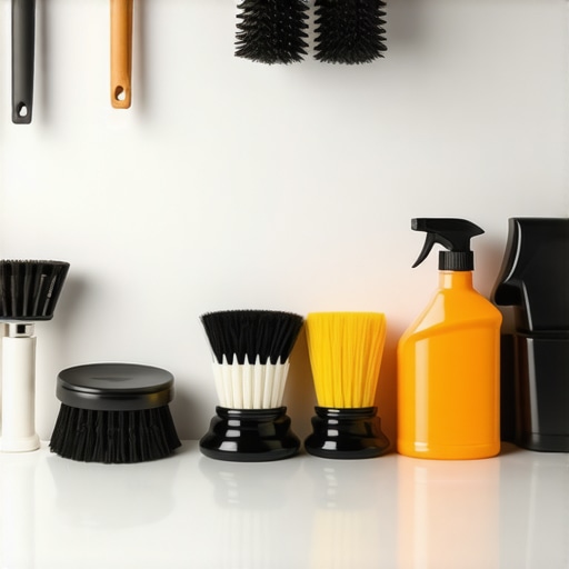 Tools and supplies for maintaining kitchen appliances neatly arranged on a countertop.