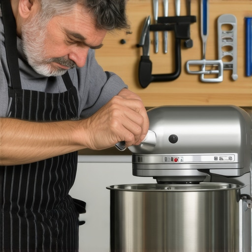 Maintaining Kitchen Mixers with Proper Lubrication A technician applying food-grade grease to a stand mixer in a clean kitchen setting.