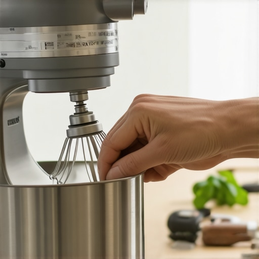 Person carefully tightening bolts on a modern stand mixer for maintenance.