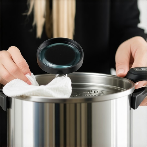 Person inspecting gasket of pressure cooker with cloth and magnifying glass in kitchen