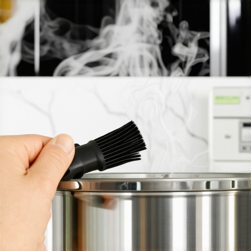 Person cleaning pressure cooker steam vent with brush to ensure proper functioning.