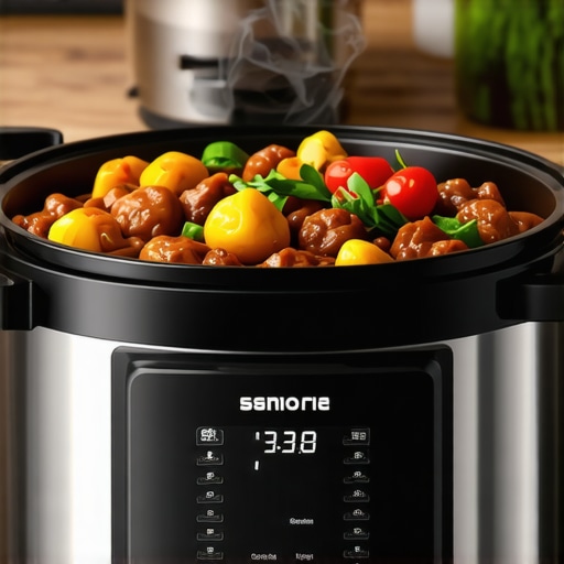 A sleek digital pressure cooker steaming a healthy meal in a contemporary kitchen