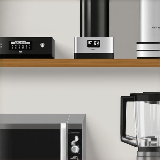 A modern kitchen with digital scale placed away from microwave and blender to prevent interference.