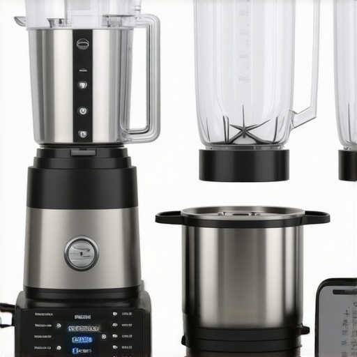 Organized Kitchen Tools for Maintenance A tidy kitchen workspace featuring a digital scale, mixer, blender, and pressure cooker, emphasizing regular appliance maintenance.