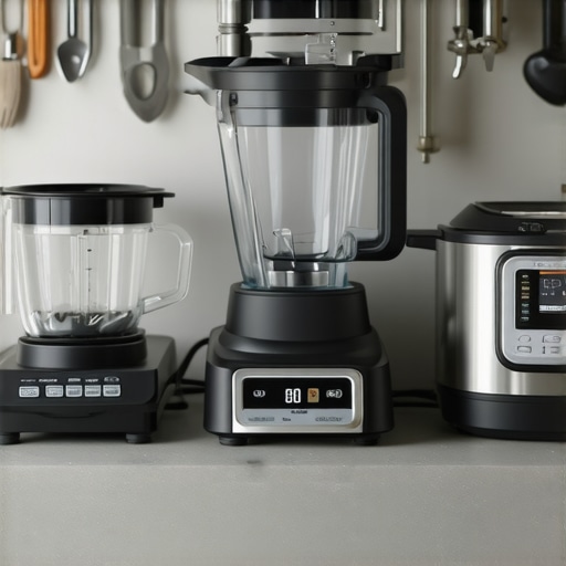 Organized Modern Kitchen with Essential Appliances and Maintenance Tools Clean and organized kitchen countertop showcasing digital kitchen scale, blender, and pressure cooker ready for use and maintenance.