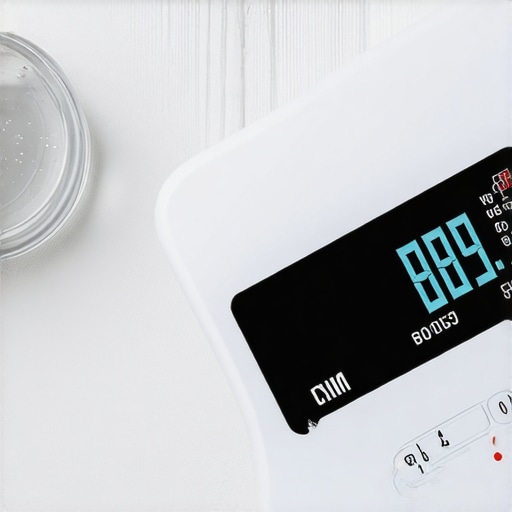 A digital kitchen scale showing accurate weight readings with calibration weights nearby