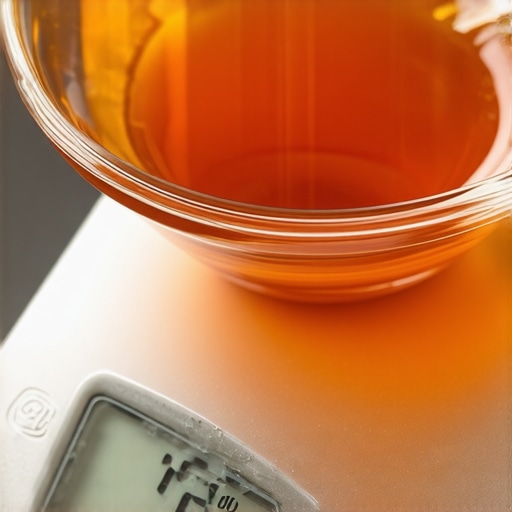 Digital kitchen scale displaying weight of honey in a glass bowl, demonstrating accurate measurement
