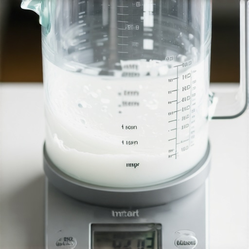 A hand pouring water into a measuring cup on a digital kitchen scale, demonstrating spill-free technique.