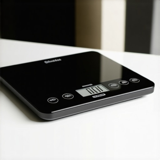 A close-up of a digital kitchen scale showing accurate measurements on a marble surface.