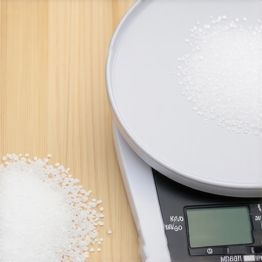 A hand sprinkling salt onto a digital kitchen scale during calibration on a wooden surface