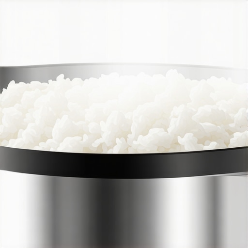 Close-up of pressure cooker releasing steam with fluffy rice inside