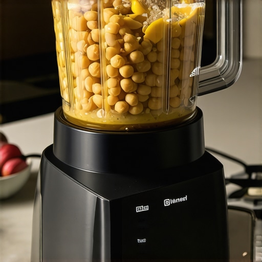 Proper Ingredient Loading in Blender A blender jar filled with chickpeas, tahini, lemon, and garlic on a kitchen counter, ready for blending.