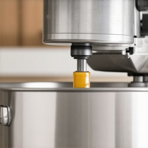 A hand applying lubricant to a stand mixer’s gear mechanism, emphasizing routine care.