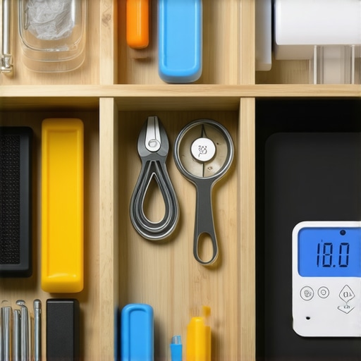 Organized kitchen drawer showcasing storage of pressure cooker gaskets, blender blades, and calibration weights.