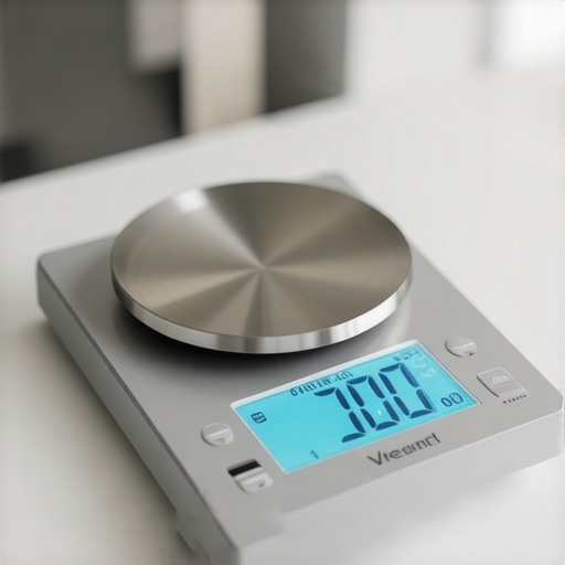 Close-up of a digital kitchen scale showing correct measurement during calibration.