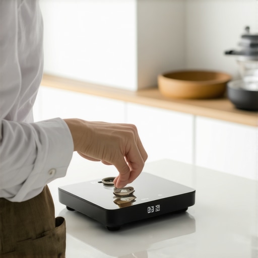 Person calibrating a digital kitchen scale with standard weights on a clean kitchen counter