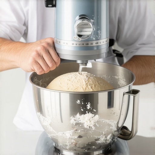 Person kneading heavy bread dough in a modern kitchen setup