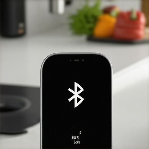 Close-up of a smart meat thermometer showing Bluetooth connectivity in a kitchen setting.