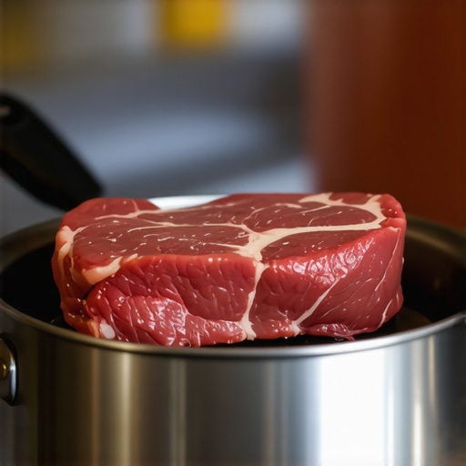 Chef searing meat in a pressure cooker on stove with high heat