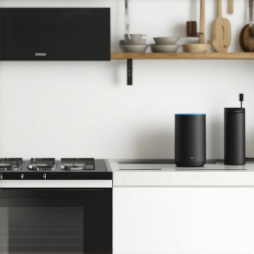 Kitchen with voice-controlled gadgets and smart speaker