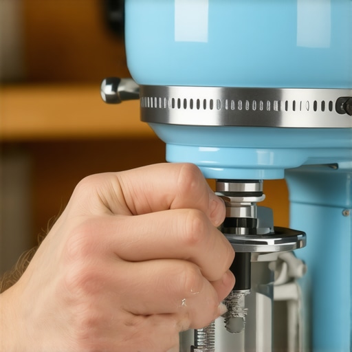 Person tightening the screw of a stand mixer attachment to improve stability.