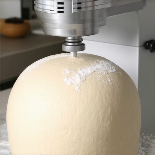 Close-up of a high-torque stand mixer kneading stiff sourdough dough with dough hook in a bright kitchen