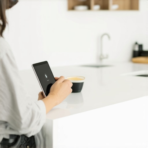 Adjusting Smart Cooker Notifications Person customizing notification settings on a tablet in a modern kitchen with smart appliances.