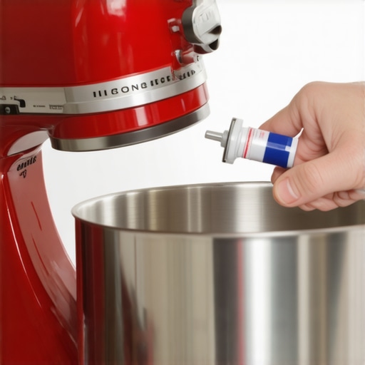 Person lubricating a stand mixer gear to ensure smooth operation in a modern kitchen