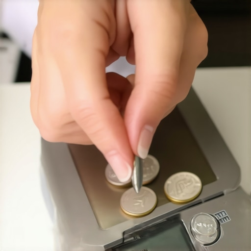 Person placing coins on digital kitchen scale for calibration