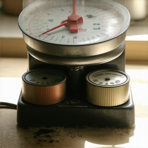 Close-up of a vintage mechanical kitchen scale with weights for calibration