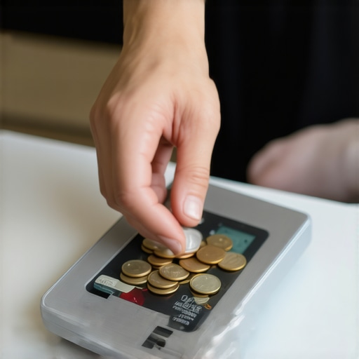 Hands adjusting a digital kitchen scale using coins for calibration.