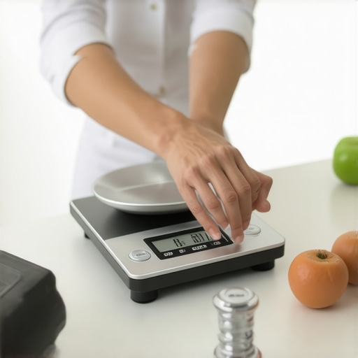 Person carefully calibrating a precise digital kitchen scale using calibration weights.