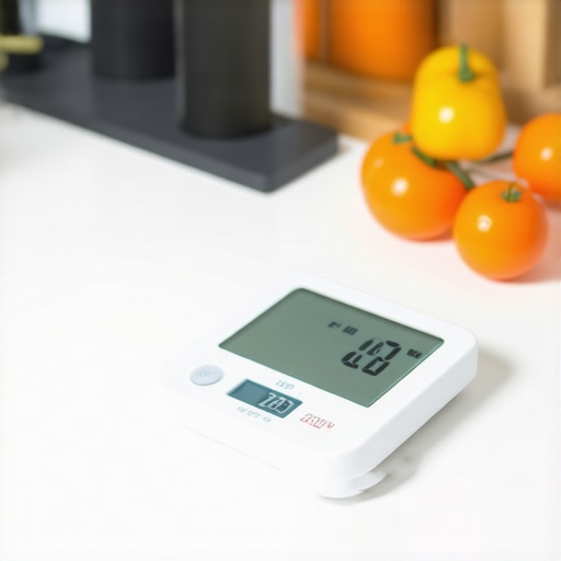 A person calibrating a digital kitchen scale with weights in a modern kitchen