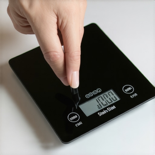 Person calibrating a digital kitchen scale with weights on a kitchen countertop.