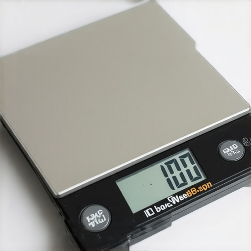 Calibrating a Kitchen Scale for Accuracy Close-up image showing a hand calibrating a digital kitchen scale on a countertop to ensure accurate measurements
