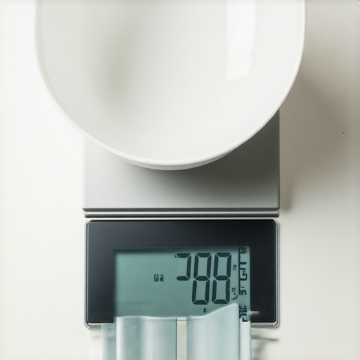 Close-up of a person's hand calibrating a digital kitchen scale on a smooth countertop.