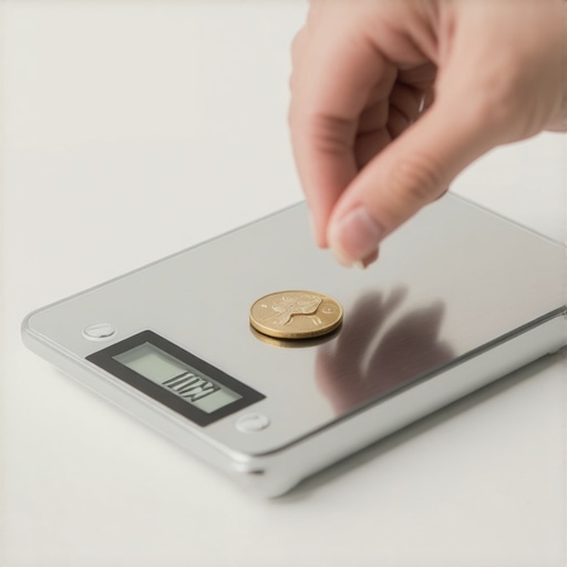 Calibration of Digital Kitchen Scale with Coin Person calibrating a digital kitchen scale using a coin for accuracy in a modern kitchen.