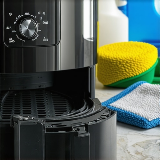 Shiny, cleaned air fryer basket with cleaning cloth and spray bottle on countertop.