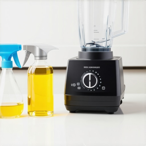 A modern blender on a kitchen counter with cleaning tools and vinegar for odor removal