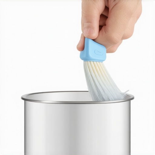 A hand carefully cleaning a blender's blades with a small brush in a well-lit kitchen