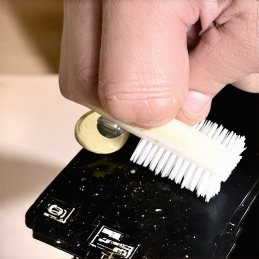 Person cleaning corroded metal battery terminals with toothbrush in a kitchen setting.