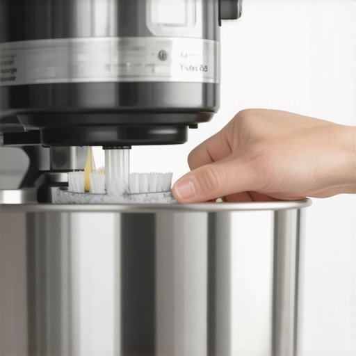 Person scrubbing gasket seal on a stand mixer with a soft brush