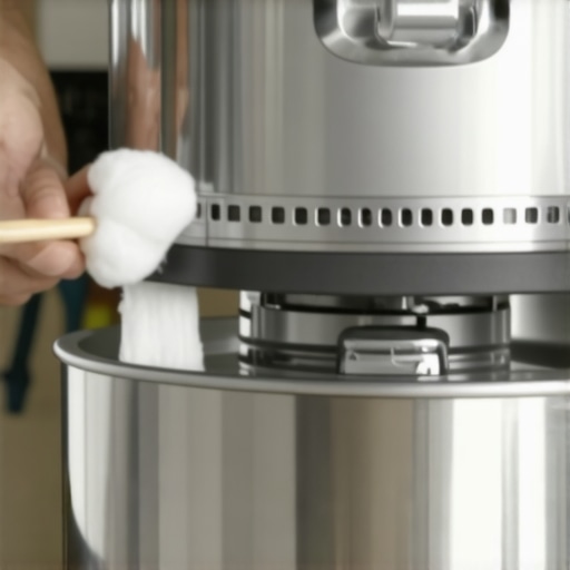 Cleaning Mixer Slider Mechanism for Smooth Operation Close-up of a person's hand cleaning the internal slider track of a stand mixer with a cotton swab and lubricant