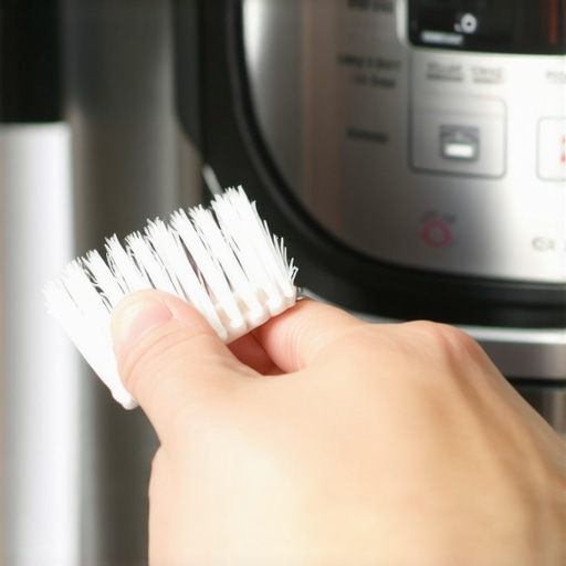 Person cleaning pressure cooker valve with brush